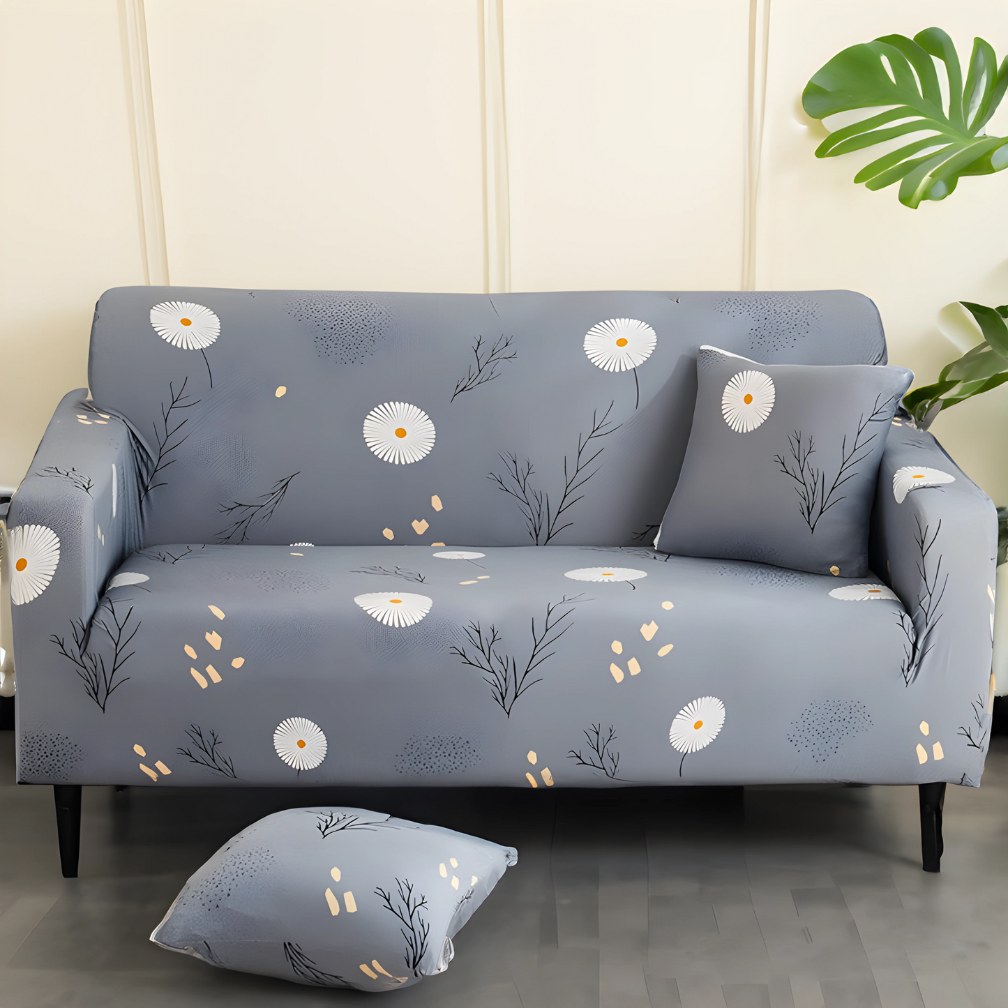 Grey Daisy Elastic Sofa Slipcovers